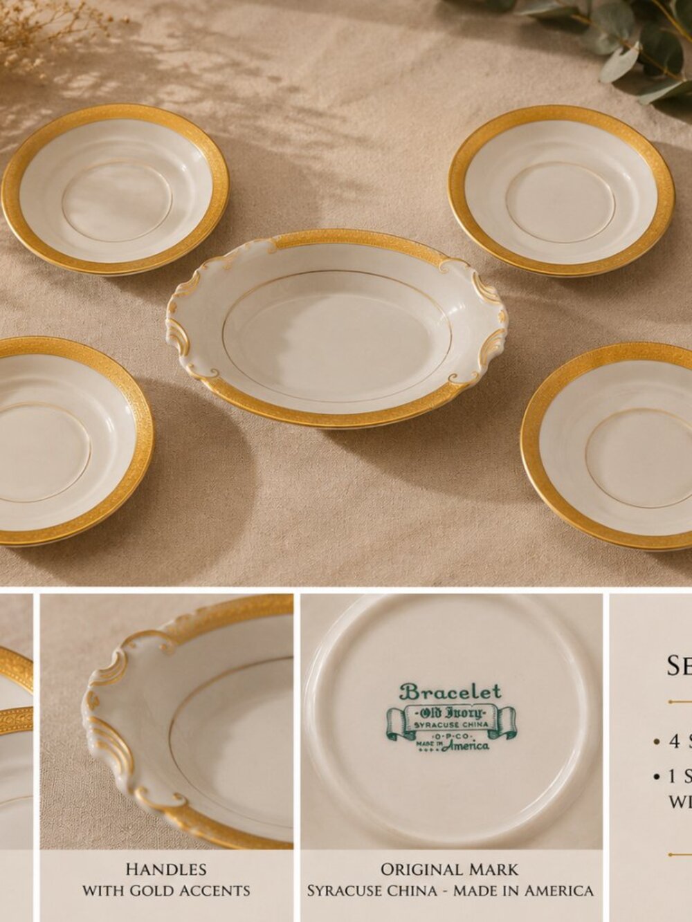 Syracuse China Old Ivory Bracelet Gold Rim Plates Set Of 5 Vintage USA